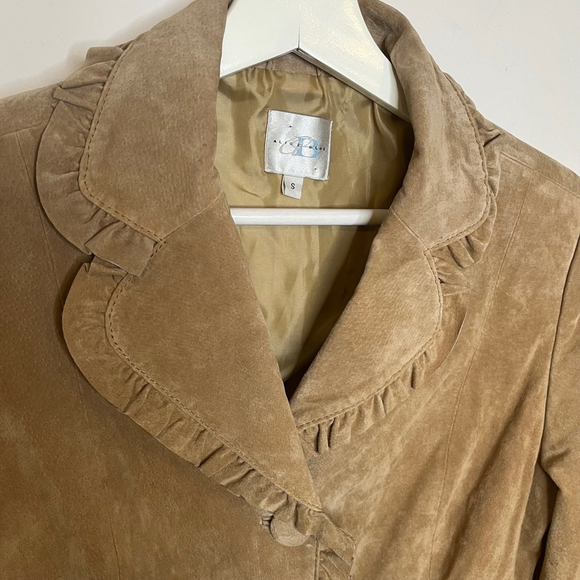 Vintage Suede Leather Blazer Jacket Tan Brown Boho Ruffle Trim Alice Blue S - Picture 9 of 17